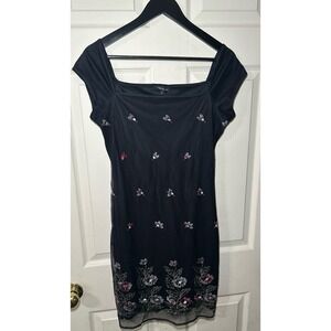 Vintage y2k Monster Girl Black mini dress with floral embroidery and sheer mesh